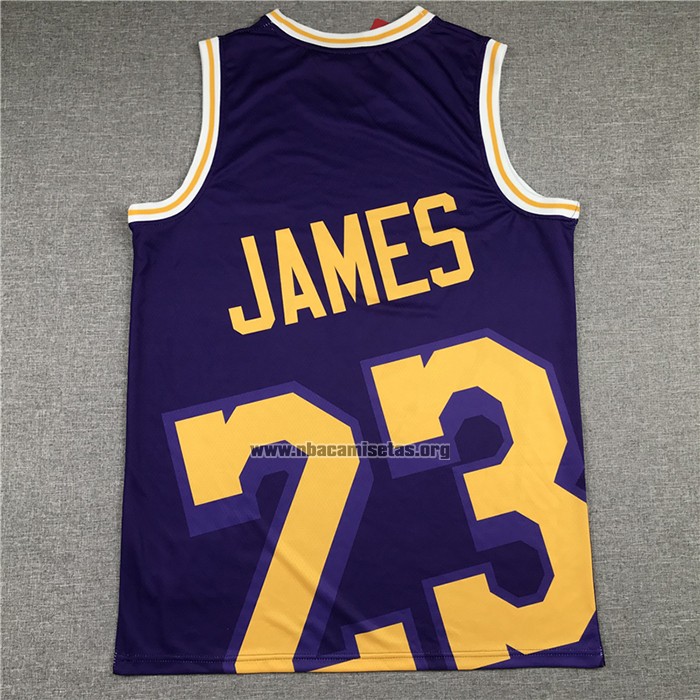 Camiseta Los Angeles Lakers Lebron James NO 23 Mitchell & Ness Big Face Violeta